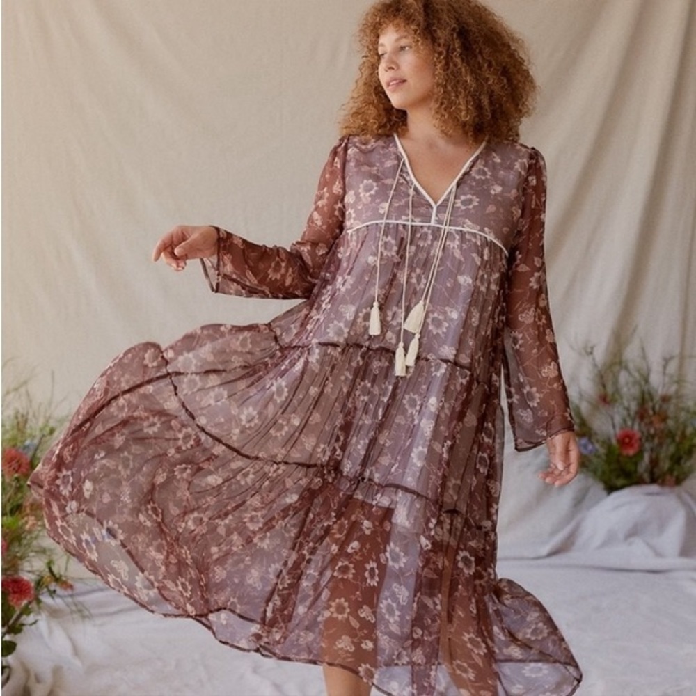 Christy Dawn SM Paloma Dress Urban Sunflower Semi Sheer Midi Long Sleeve NWT